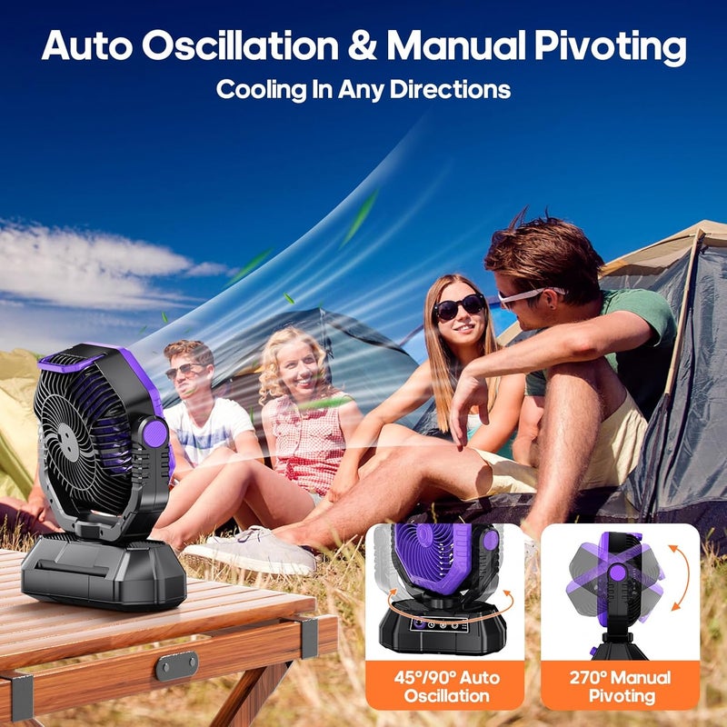 AJVV Camping Fan Rechargeable, Battery Powered Fan With Remote Controller, LED Light, Dual Motors, Stepless Speed, 45°/90°/270° Swing,Timer, Portable fan For Travel/Tent/Beach/Fishing,Violet - Image 5